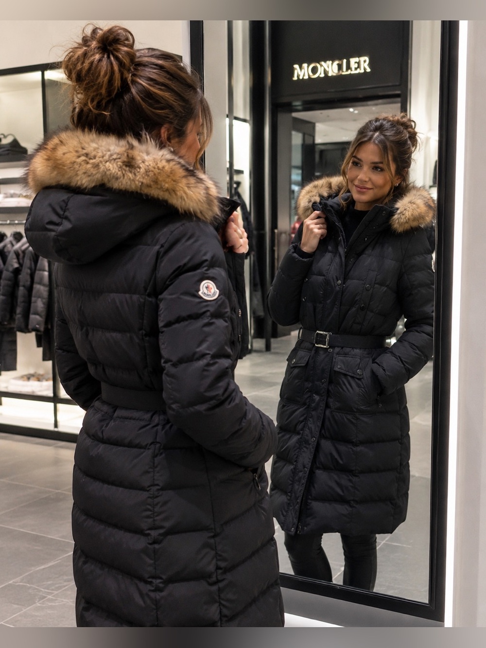 Moncler Black Chloe Long Down Puffer JacketWith matching Belted waist Fur-Hood